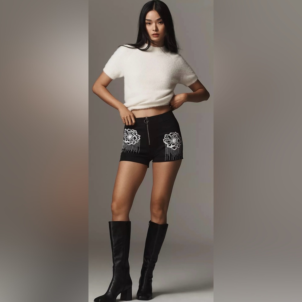 Maeve Black Shorts with White Floral Embroidery